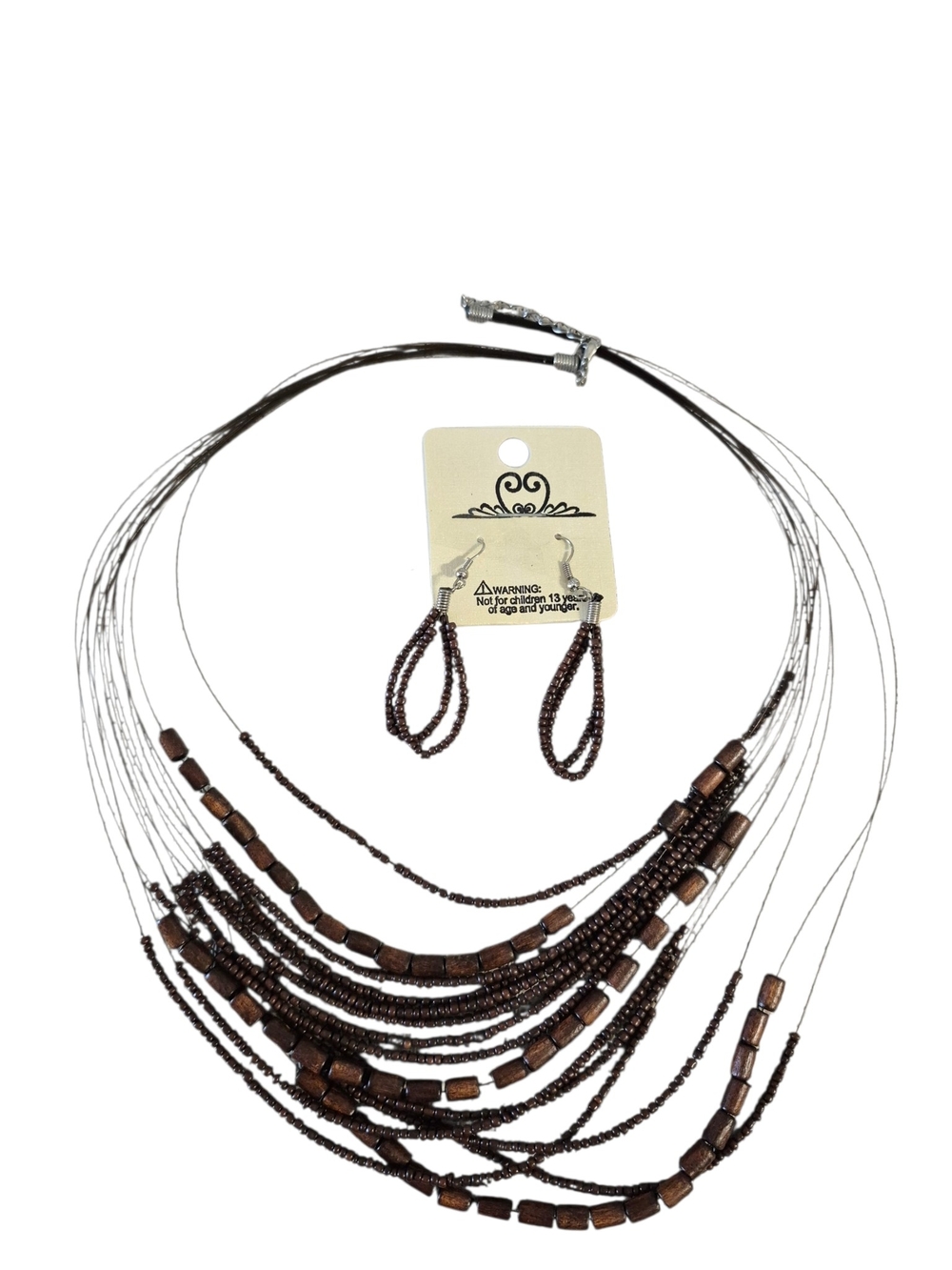 Beaded Multi-Strand Brown Necklace and Hoop Earrings Set